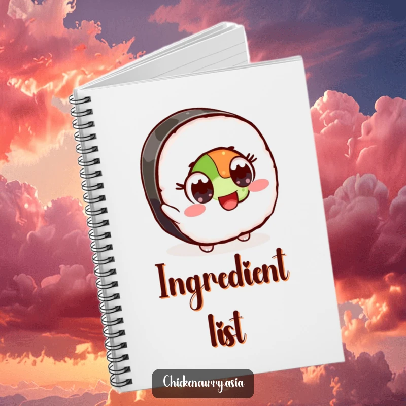 Funny notebook with cover art of a stylized sushi character with wide, excited eyes reaching for an ingredient, ideal for notes.