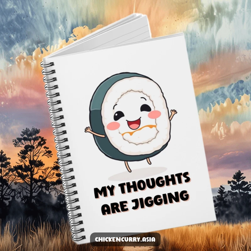 Funny sushi roll notebook, a smiling character with tiny legs dancing cheerfully, for creative writing.