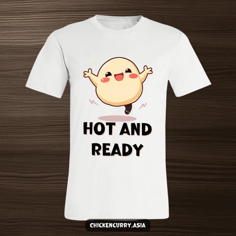Funny dumpling t-shirt with a stylized, smiling dumpling character caught in a joyful leap, trailing steam playfully.