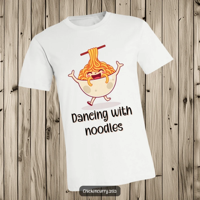 Funny t-shirt featuring a happy, stylized bowl of noodles character engaged in a joyful, energetic dance.