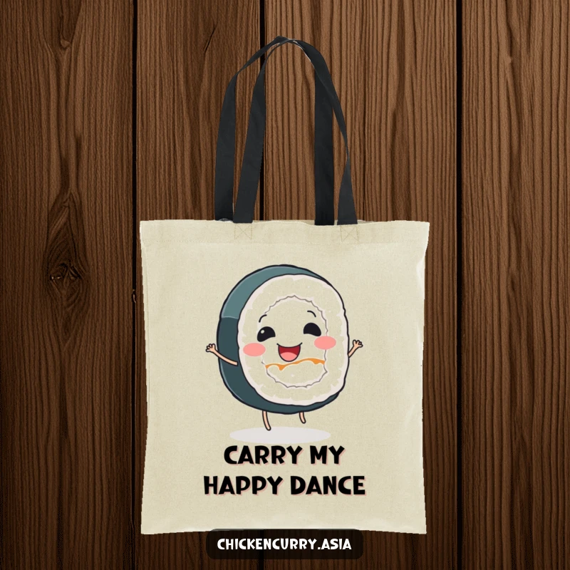 Funny sushi roll tote bag, a smiling character with tiny legs dancing cheerfully, great for shopping.