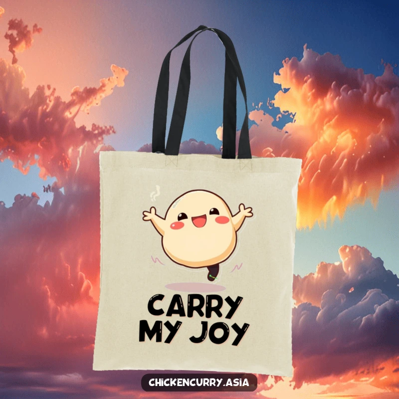 Funny tote bag showcasing a happy, stylized dumpling character leaping with steam trailing, ideal for grocery runs or daily use.