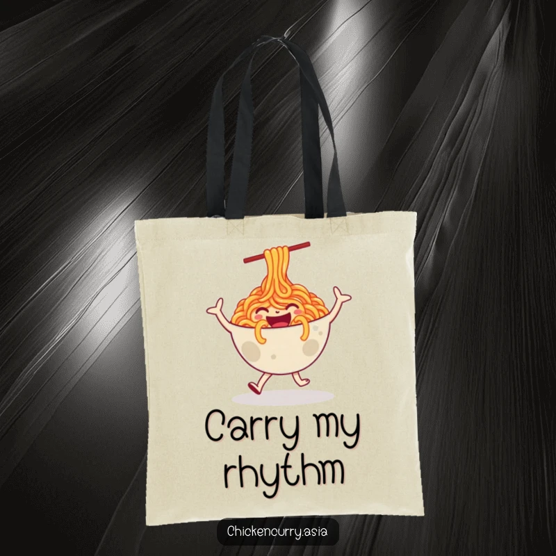Funny tote bag showcasing a happy, stylized bowl of noodles character in a lively, joyful dance, great for everyday use.