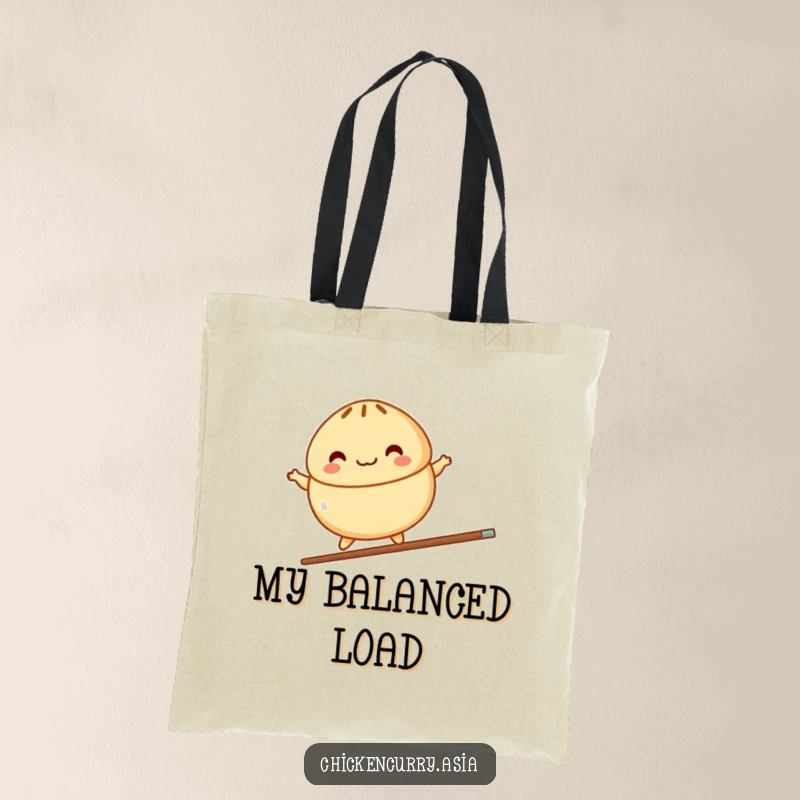 Funny tote bag showcasing a colorful, stylized steamed bun character joyfully balancing on a single chopstick, ideal for daily use.