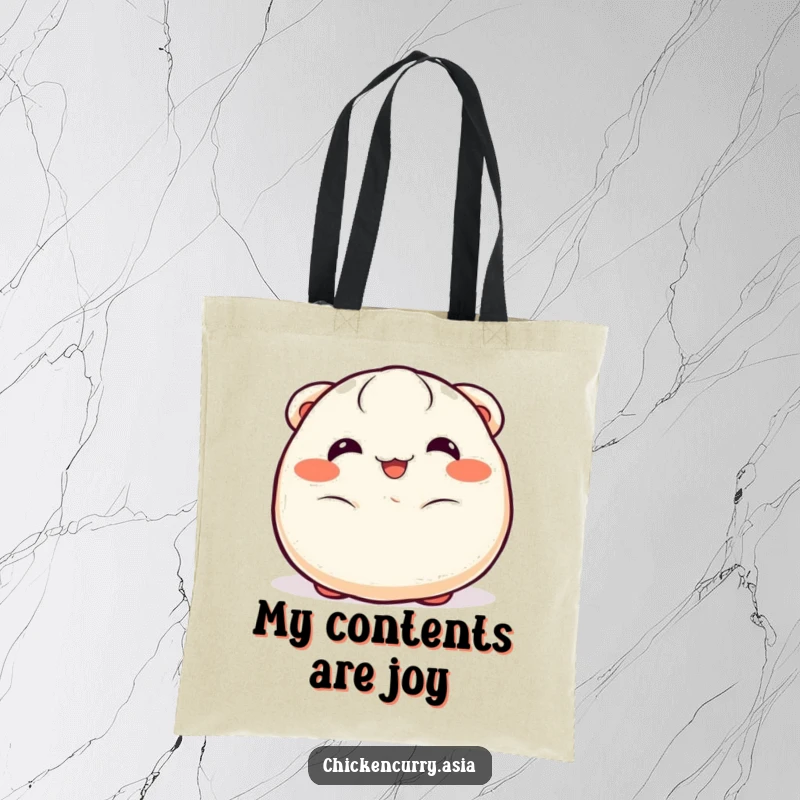 Funny dumpling tote bag, a cheerful character with happy eyes wiggling joyfully, ideal for shopping.